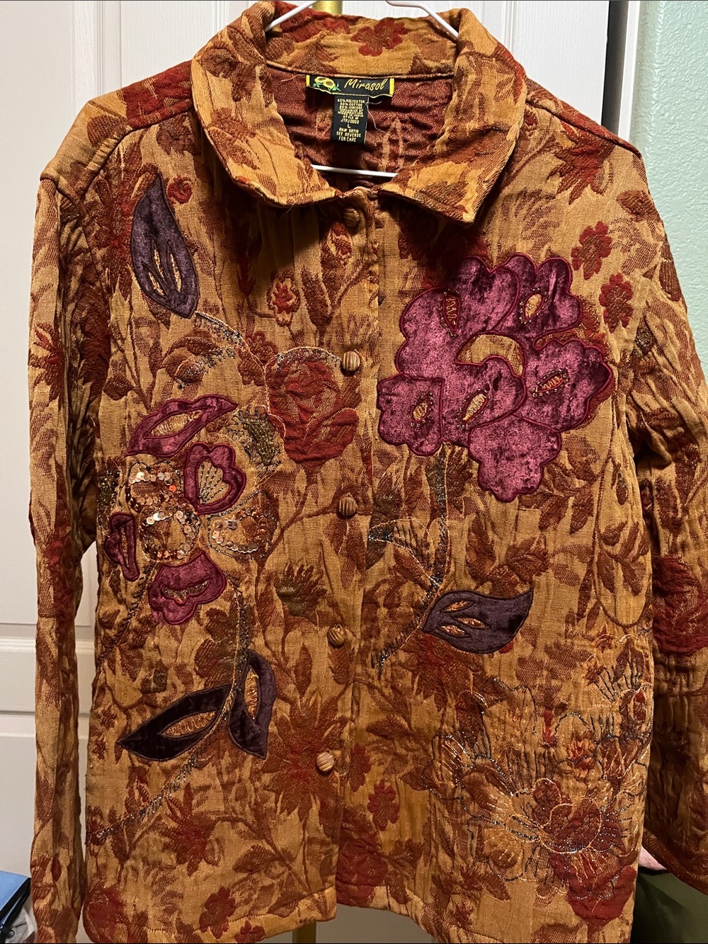 Mirasol Mustard Velvet Floral Appliqué Jacket Sz Lg Womens